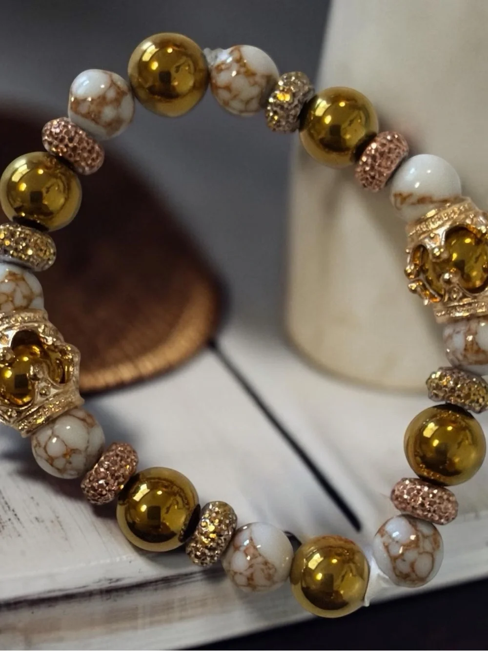 Gold & White Bead Stretch Bracelet with Decorative Accents